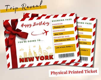 Hand printed NEW YORK Birthday Surprise Travel Ticket Surprise Boarding Pass, Gift Reveal Ticket, Birthday Gift Boarding Pass Plane Ticket