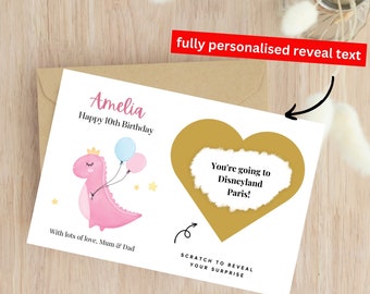 Personalised kids 10th birthday card, pink dinosaur party, 10th birthday card for boy, for girl, daughter's 10th bday card, surprise bday