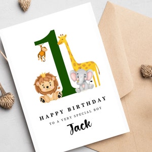 Cartão de aniversário personalizado de 1º, 2º e 3º aniversário para sobrinho, neto, neta, filho, filha, crianças, tema de animais safari, impresso A6