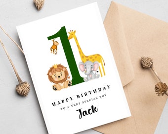 Personalised 1st 2nd 3rd Birthday Card for Nephew Grandson Niece Granddaughter Son Daughter Child Kids, Safari Animals Theme, Printed A6