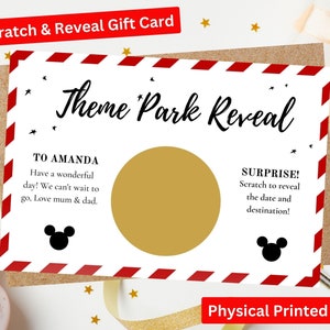 Themenpark Disneyworld Reveal Pass Personalisierte Handgedruckte Reveal Voucher Überraschungs-Rubbelkarte, Mickey Mouse, Walt Disney World Trip
