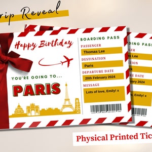 Alles Gute zum Geburtstag Überraschung PARIS Reise Reise Hand gedruckte Ticket Überraschung Bordkarte, Geschenk Reveal Ticket, Weihnachtsgeschenk Flugticket