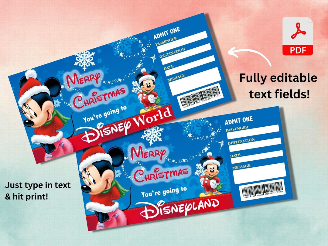 Christmas Disneyland Ticket Printable Theme Park Disney World Surprise ...