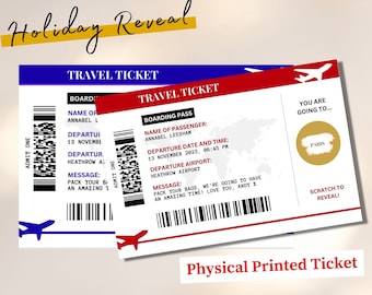 May include: A red, white and blue travel ticket with a gold circle that says "Paris" and the text "Scratch to Reveal!" The ticket has a boarding pass with the name "Annabel Leeshan" and a departure date and time of "13 November 2023, 06:45 PM".