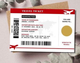 Può includere: Un biglietto d'aereo rosso e bianco con una carta d'imbarco per Annabel Leesham. Il biglietto ha una data di partenza il 13 novembre 2023 alle 18:45 dall'aeroporto di Heathrow. Il messaggio sul biglietto dice "Fai le valigie, ci divertiremo un mondo! Ti voglio bene, Andy X".