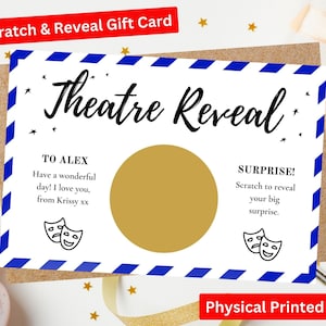 Theatre Reveal Pass Carte à gratter surprise personnalisée imprimée à la main, sceau d'or, carte-cadeau d'anniversaire pour lui, cadeau pour elle