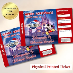 May include: Two red and blue Disneyland and Universal Studios tickets with Mickey Mouse. The tickets read "Merry Christmas, You're Going To..." and include a boarding pass with the passenger's name, destination, and date.