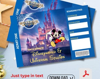 Printable 2-in-1 Universal Studios & Disney World Ticket Downloadable Park Surprise, Universal Studios Orlando Florida Digital Print