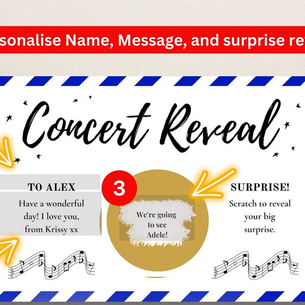 Konzert Gig Reveal Pass Personalisierte Handbedruckte Reveal Voucher Surprise Scratch Card, Gold Siegel, Geburtstagsgeschenkkarte für Ihn, Geschenk für Sie