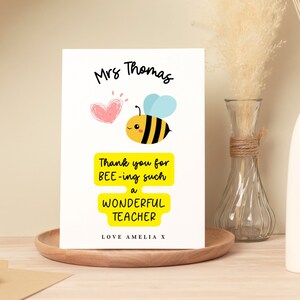 Abeille Merveilleuse Merci carte personnalisée de professeur, sortant de l'école, carte de professeur de crèche, meilleure carte de professeur, fin d'école, sortant du préscolaire