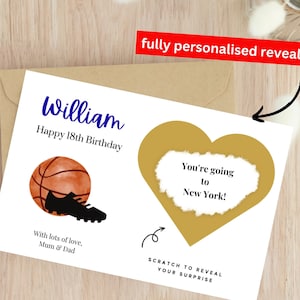 Carte de révélation à gratter du 18e anniversaire pour lui, carte surprise du 18e voyage, carte de jour d'anniversaire pour lui, carte personnalisée, 18e anniversaire, basket-ball