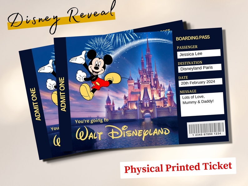 Personalised Handprinted Disneyworld Ticket Theme Park Surprise Ticket, Gift Reveal, Mickey Mouse Disneyland Boarding Pass, Disney Reveal image 4