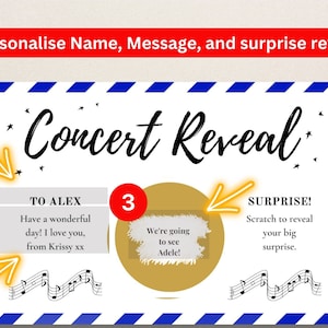 Concert Gig Reveal Pass Carte à gratter surprise personnalisée imprimée à la main, sceau d'or, carte-cadeau d'anniversaire pour lui, cadeau pour elle