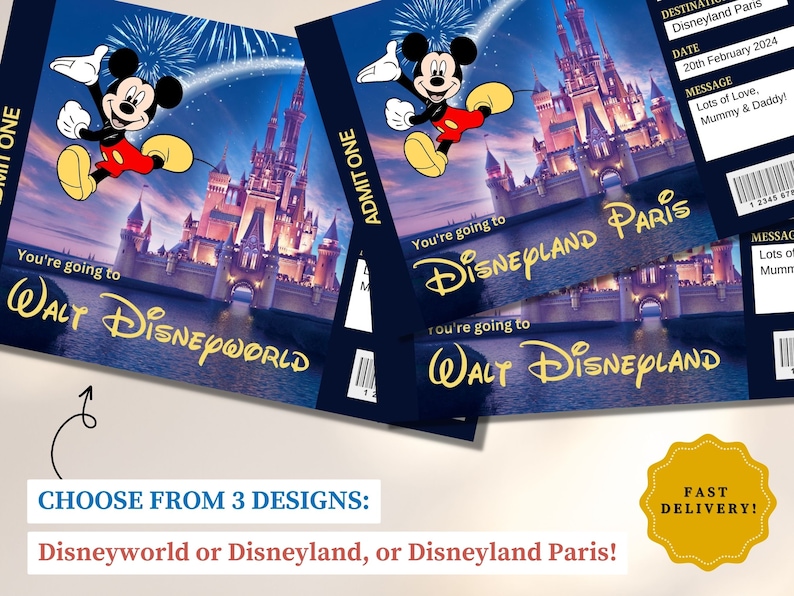 Personalised Handprinted Disneyworld Ticket Theme Park Surprise Ticket, Gift Reveal, Mickey Mouse Disneyland Boarding Pass, Disney Reveal image 3