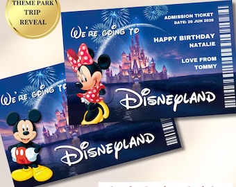 Personalized Disneyland Trip Surprise Reveal Ticket, Disney World Park Pass Printable Vacation Reveal Gift