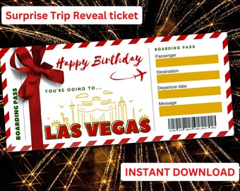 May include: A printable boarding pass ticket with a red bow and the text "Happy Birthday" and "You're going to... Las Vegas". The ticket has a blank space for the passenger's name, destination, departure date, and a message.