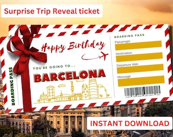 May include: A printable birthday ticket with a red bow and the text "Happy Birthday" and "You're going to... Barcelona". The ticket has a boarding pass design with fields for passenger, destination, departure date, and message. The ticket is set against a blurry background of a city.