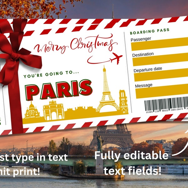 Christmas Surprise Paris Trip Travel Ticket Printable Surprise Boarding Pass, Gift Reveal Ticket, Christmas Gift Boarding Pass Plane Ticket