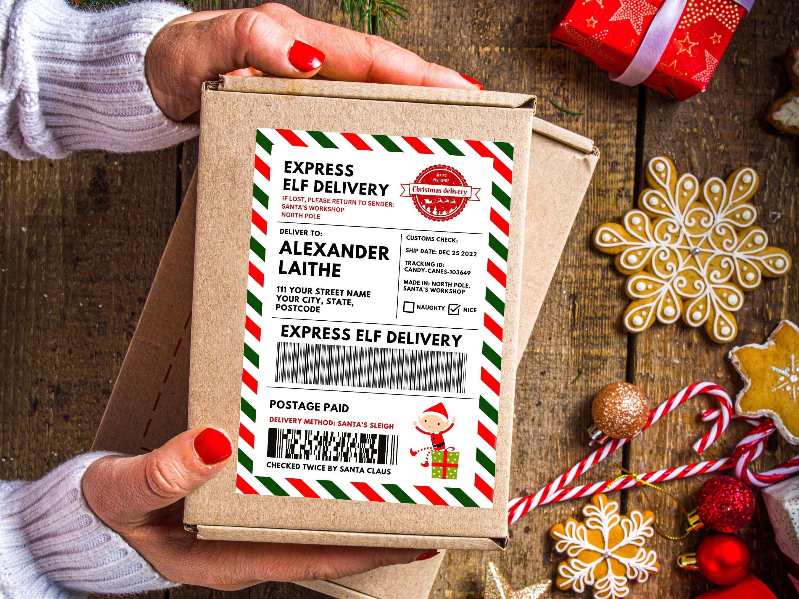 Wydrukuj Elf Santa Mail Shipping Gift Labels Naklejki Biegun Północny Dziecięcy Mikołaj Etykieta na prezent Naklejka Szablon - Elf Arrival Opakowanie prezentowe