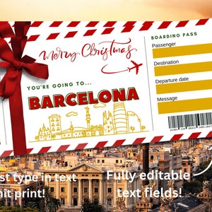 Christmas Surprise Barcelona Trip Ticket Printable Surprise Reveal Ticket, Gift Reveal Ticket, Christmas Gift Boarding Pass Plane Ticket