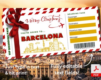 Christmas Surprise Barcelona Trip Ticket Printable Surprise Reveal Ticket, Gift Reveal Ticket, Christmas Gift Boarding Pass Plane Ticket