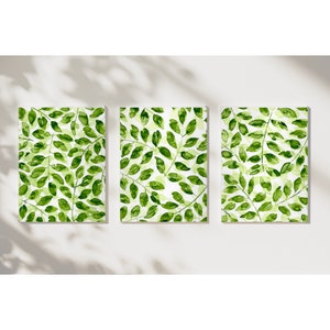May include: Three watercolor paintings of green leaves on a white background. The leaves are arranged in a repeating pattern.