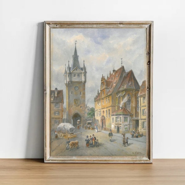 German Town Painting, Digital Download Art, Vintage German Art, Antique Wall Hanging.