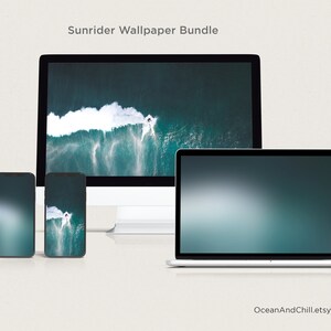 May include: A bundle of digital wallpapers featuring a surfer riding a wave in a teal ocean. The wallpapers are shown on a desktop computer, laptop, and two smartphones.