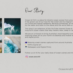 Puede incluir: Ocean & Chill es un lugar para disfrutar de las escenas oce&aacute;nicas m&aacute;s relajantes de Australia. Naci&oacute; de nuestro amor por el oc&eacute;ano y sus m&aacute;gicas formas de mejorar nuestro estado de &aacute;nimo y bienestar mental. Esta tienda es una extensi&oacute;n del canal de YouTube Ocean & Chill que presenta videos oce&aacute;nicos de larga duraci&oacute;n que ayudan a los espectadores a relajarse, dormir o calmar su mente. Nuestra misi&oacute;n es llevar las fotos oce&aacute;nicas m&aacute;s hermosas de Australia y el arte oce&aacute;nico inspirador a tu hogar a trav&eacute;s de fondos de escritorio y m&oacute;viles y de impresiones digitales. Escenas oce&aacute;nicas relajantes capturadas en toda Australia. 100% arte original. Fondos de pantalla e impresiones digitales. S&iacute;guenos en IG para tu dosis diaria de escenas oce&aacute;nicas y mindfulness. ocean.and.chill