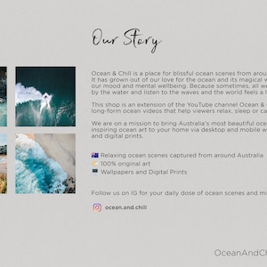 May include: Ocean & Chill is a place for blissful ocean scenes from around Australia. It has grown out of our love for the ocean and its magical ways of improving our mood and mental wellbeing. This shop is an extension of the YouTube channel Ocean & Chill that features long-form ocean videos that help viewers relax, sleep or calm their mind. We are on a mission to bring Australia's most beautiful ocean shots and inspiring ocean art to your home via desktop and mobile wallpapers and digital prints. Relaxing ocean scenes captured from around Australia. 100% original art. Wallpapers and Digital Prints. Follow us on IG for your daily dose of ocean scenes and mindfulness. ocean.and.chill