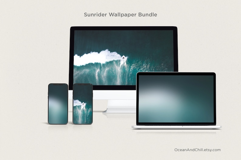 May include: A bundle of digital wallpapers featuring a surfer riding a wave in a teal ocean. The wallpapers are shown on a desktop computer, laptop, and two smartphones.