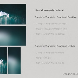 May include: Two digital gradient wallpapers featuring a surfer riding a wave in a turquoise ocean. The desktop wallpaper is 5120 pixels by 2880 pixels and the mobile wallpaper is 1284 pixels by 2817 pixels.