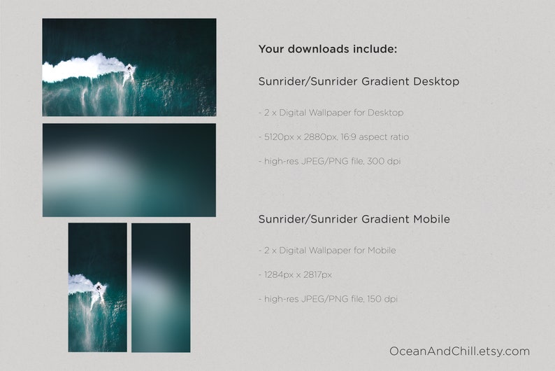 May include: Two digital gradient wallpapers featuring a surfer riding a wave in a turquoise ocean. The desktop wallpaper is 5120 pixels by 2880 pixels and the mobile wallpaper is 1284 pixels by 2817 pixels.