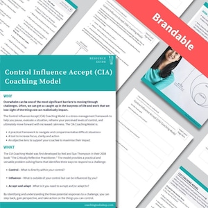 Könnte beinhalten: Ein blaugrüner und weißer Ressourcenleitfaden mit dem Titel "Control Influence Accept (CIA) Coaching Model". Der Leitfaden erklärt das CIA-Coaching-Modell, ein Stressmanagement-Rahmenwerk, das Menschen hilft, innezuhalten, eine Situation zu bewerten, ihre wahrgenommenen Kontrollstufen neu zu bewerten und letztendlich mit größerer Ruhe voranzukommen.