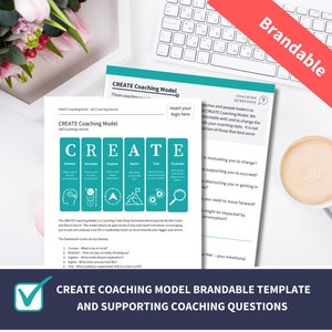 Op de afbeelding: Een afdrukbare coachingmodeltemplate met de tekst "CREATE Coaching Model" en een checklist met coachingvragen. De sjabloon bevat een kleurrijke grafiek met het woord "CREATE" in grote letters en zes stappen: Context, Reactie, Verkennen, Streven, Testen en Evalueren.