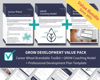 May include: A digital product bundle for personal and professional development. The bundle includes a printable career wheel, a GROW coaching model, and a professional development plan template. The bundle is available for download and is a great value.