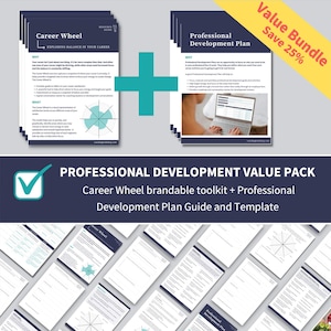 May include: A professional development value pack with a green tick. The pack includes a career wheel brandable toolkit and a professional development plan guide and template. The image shows a stack of papers with a green plus sign in the middle.