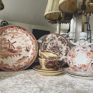 Mismatched Brown Transferware Plate Set: Vintage Tonquin, Cottagecore, Farmhouse
