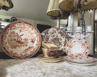 Mismatched Brown Transferware Plate Set: Vintage Tonquin, Cottagecore, Farmhouse