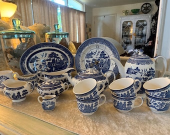 Vintage Classic Blue Willow Ironstone Transferware, Clock, Platter, Creamer Sugar, Tea Pots, Teacups, Gravy Boat, Mug, Various Makers