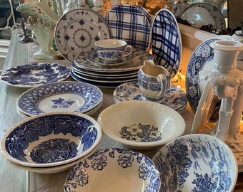 Vintage Mismatched Blue and White Transferware, Churchill, Johnson Bros, Wedgwood, Cottagecore,  Spode, Royal Staffordshire, Bristol
