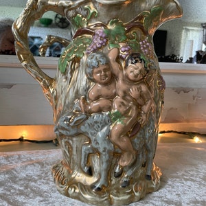 Extremely RARE Large Antique Yellow Ware Pitcher 1800&#39;s Raised Relief Pottery. Antique Home Decor, Hand Painted Drinkers Allegory. England