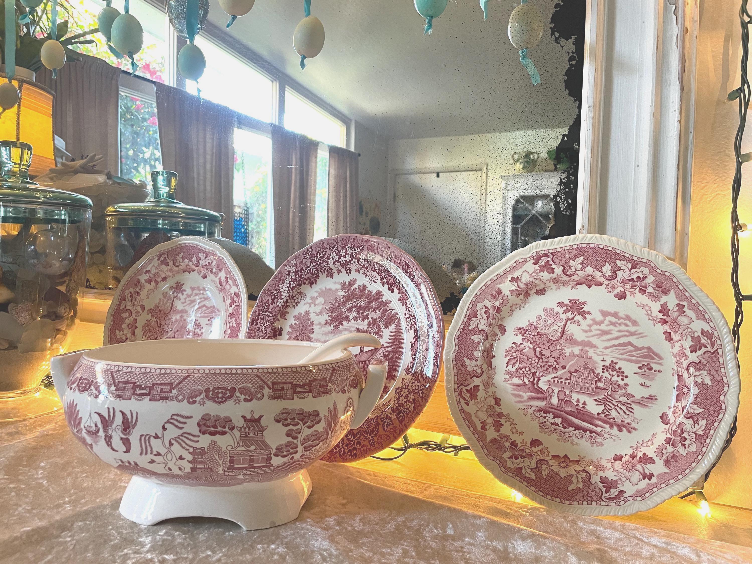 Vintage Japan 1940's Red Willow Electric Soup Tureen with Ladle, Woods Seaforth Dinnerware Plates, J&G Meakin Dinner Plate. Red Transferware
