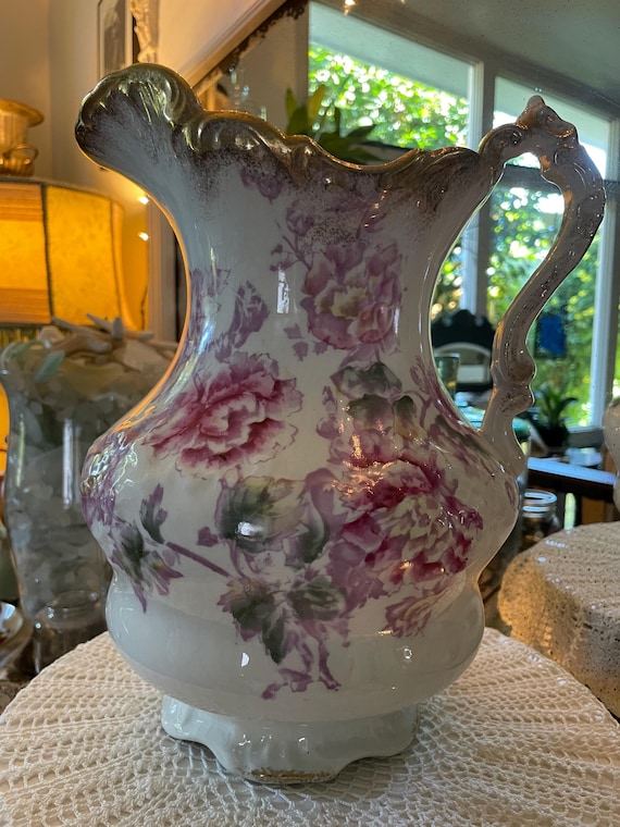 Antique La Belle China Pitcher: Pink Peony Victorian Cottage Decor