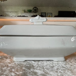 English J.G. Meakin Hanley White Ironstone Rectangular, Footed Tureen, Lovely Patina, Stained, Crazed, Cottagecore, Floral Patterned Handles