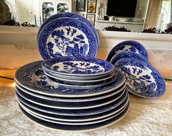 Antique  Blue Willow Dinner Plates, Coffee/Tea Saucers Small Bowls, Dessert Plates, Willow Features, Collectible Pieces