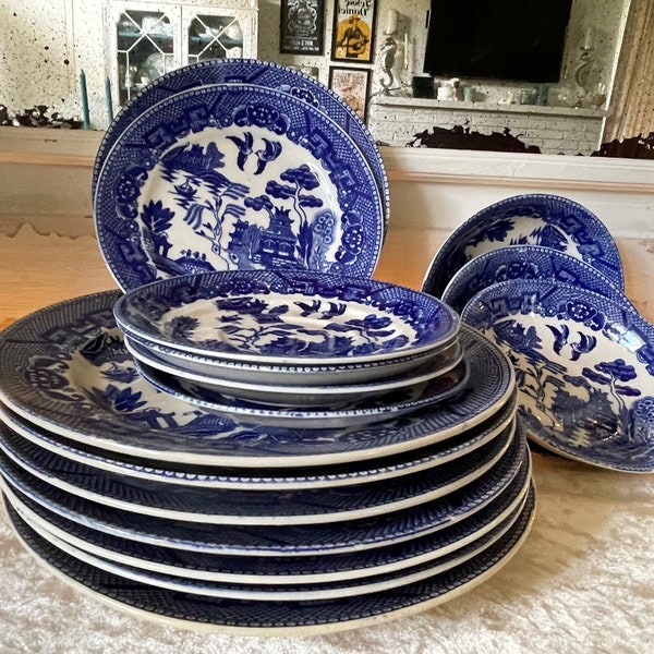 Antique  Blue Willow Dinner Plates, Coffee/Tea Saucers Small Bowls, Dessert Plates, Willow Features, Collectible Pieces