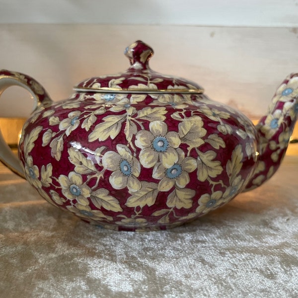 RARE Vintage Mini Stackable Chintz Teapot, Lord Nelson, Royal Brocade, Burgundy, Blue, Floral, English Country, Cottagecore, Collectible