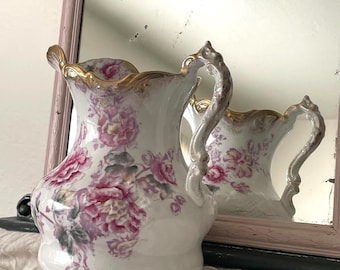Antique La Belle China Pitcher: Pink Peony Victorian Cottage Decor