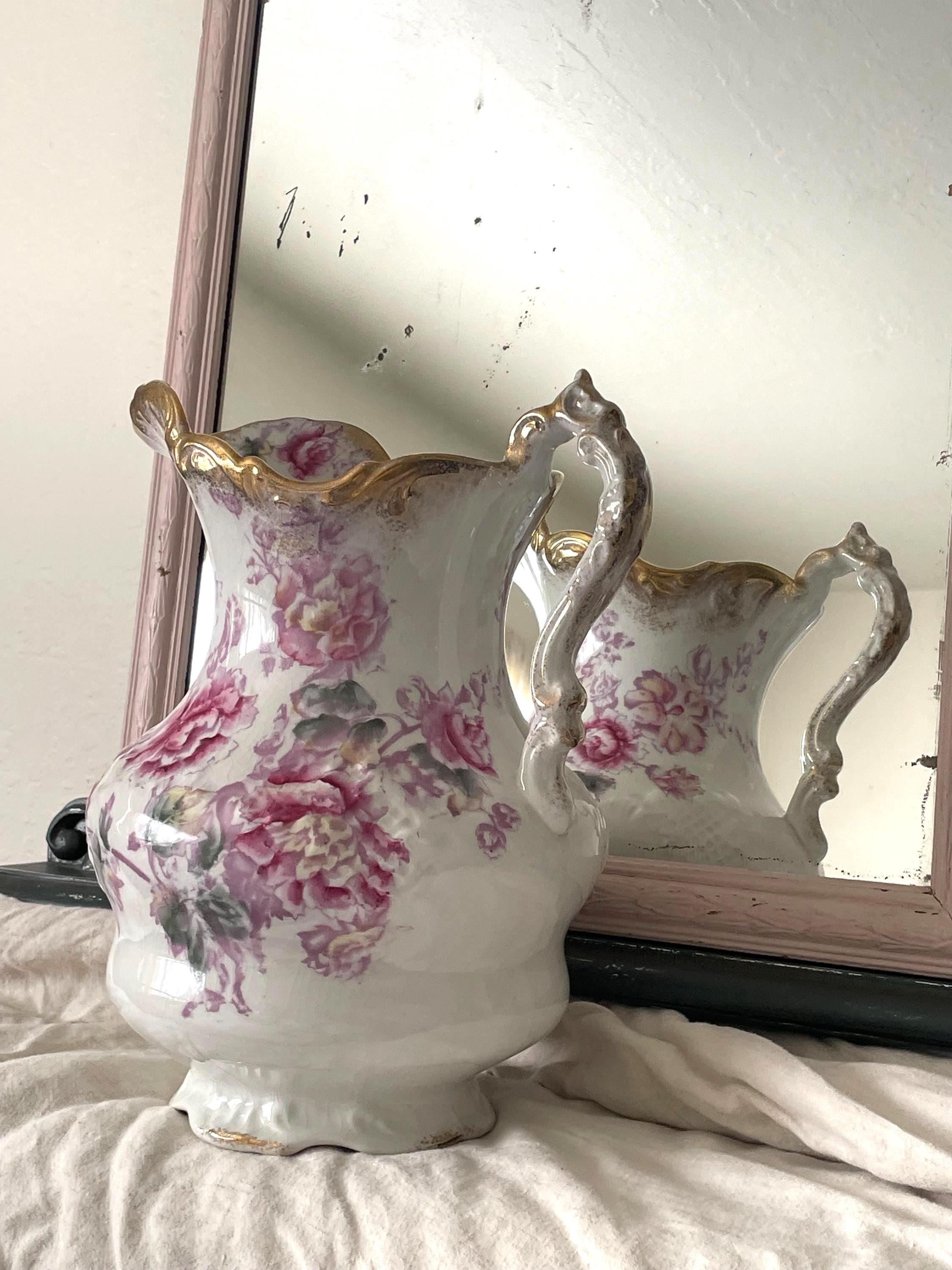 Antique La Belle China Pitcher: Pink Peony Victorian Cottage Decor